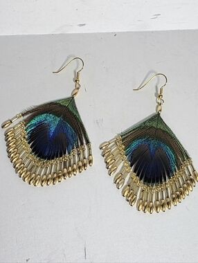 Peacock Feather Drop Earrings with Gold Bead Fringe NWT